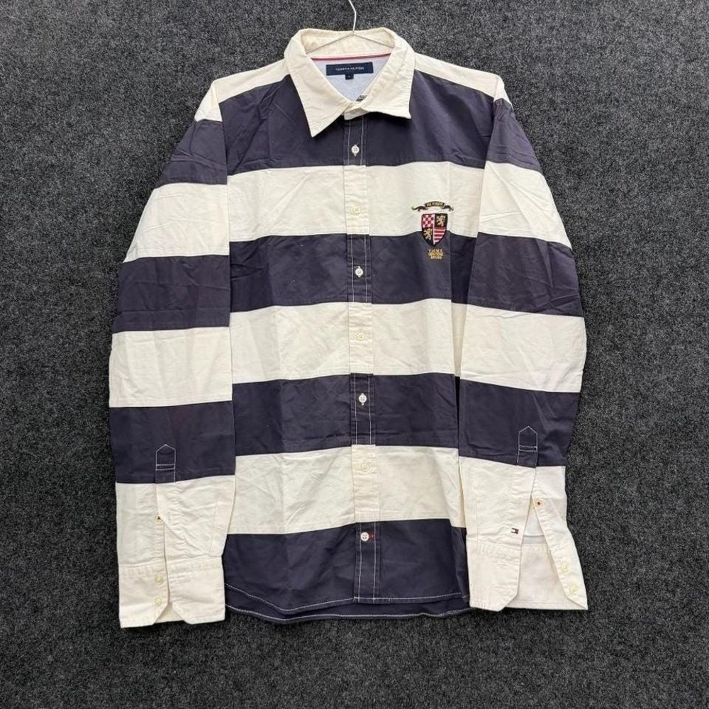 Tommy Hilfiger Striped Crest Button Up Shirt Men's Large Rugby Preppy 90s